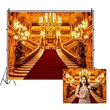 Renaiss 5x3ft Luxurious Palace Backdrop Golden Castle Interior Luxury Staircase Red Carpet Stairs Chandelier Royal Building Photography Background for Wedding Birthday Party Decor Photo Booth Props