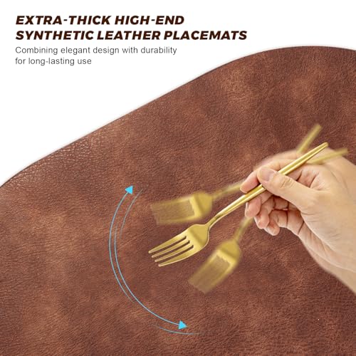 Image of UnivoColors Placemats Round Faux Leather Placemats Set of 6-Waterproof-Wipe Clean-Heat Resistant-Anti Slip Dining Table Place Mats,Suitable for Indoor & Outdoor Use,15 inch.Retro Reddish Brown