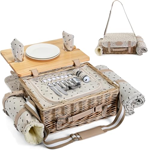 Image of Multifunctional Wicker Picnic Basket Set for 2 with Blanket and Picnic Table, Insulated Picnic Set with Full Tablewares for Camping Outdoor Couples,Cherry