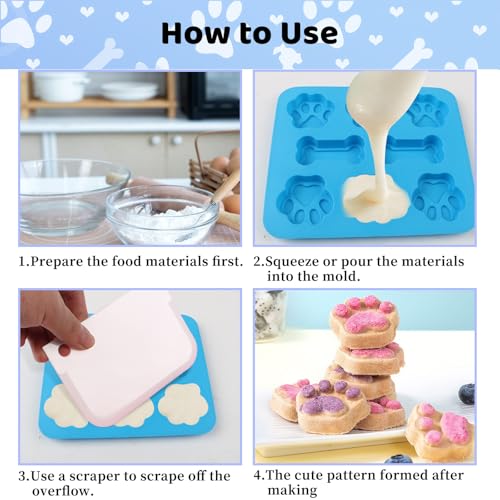 3 Stück Hundekekse Backform,Silikonformen Backen mit Hundepfoten und Knochen Muster,Non-Stick Food Grade,Backmatten mit Teigschaber, für Hundeleckerlies, SüßIgkeiten, Gelee, Kekse, Pudding(3 Farben)