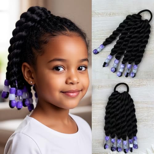2 Pieces Kids Ponytail With Beads 6inch Hair Pieces Two-Strand Tw...