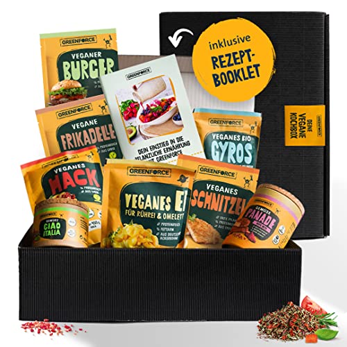 GREENFORCE Geschenkkorb Groß I Vegane Lebensmittel aus Erbsen in Geschenkbox I Geschenk für Veganer mit pflanzlichen Alternativen I Proteinreich & nachhaltig I Kochbox als Geschenk Cover
