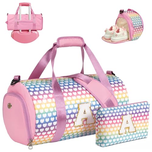 Vogewood Birthday Gift for 3 4 5 6 7 8 9 10 Year Old Girls-Kids Travel Duffle Bag with Makeup Pouch Customized Girls Gymnastics Bag with Shoe Compartment Dance Recital Gifts for Girls (Letter A)