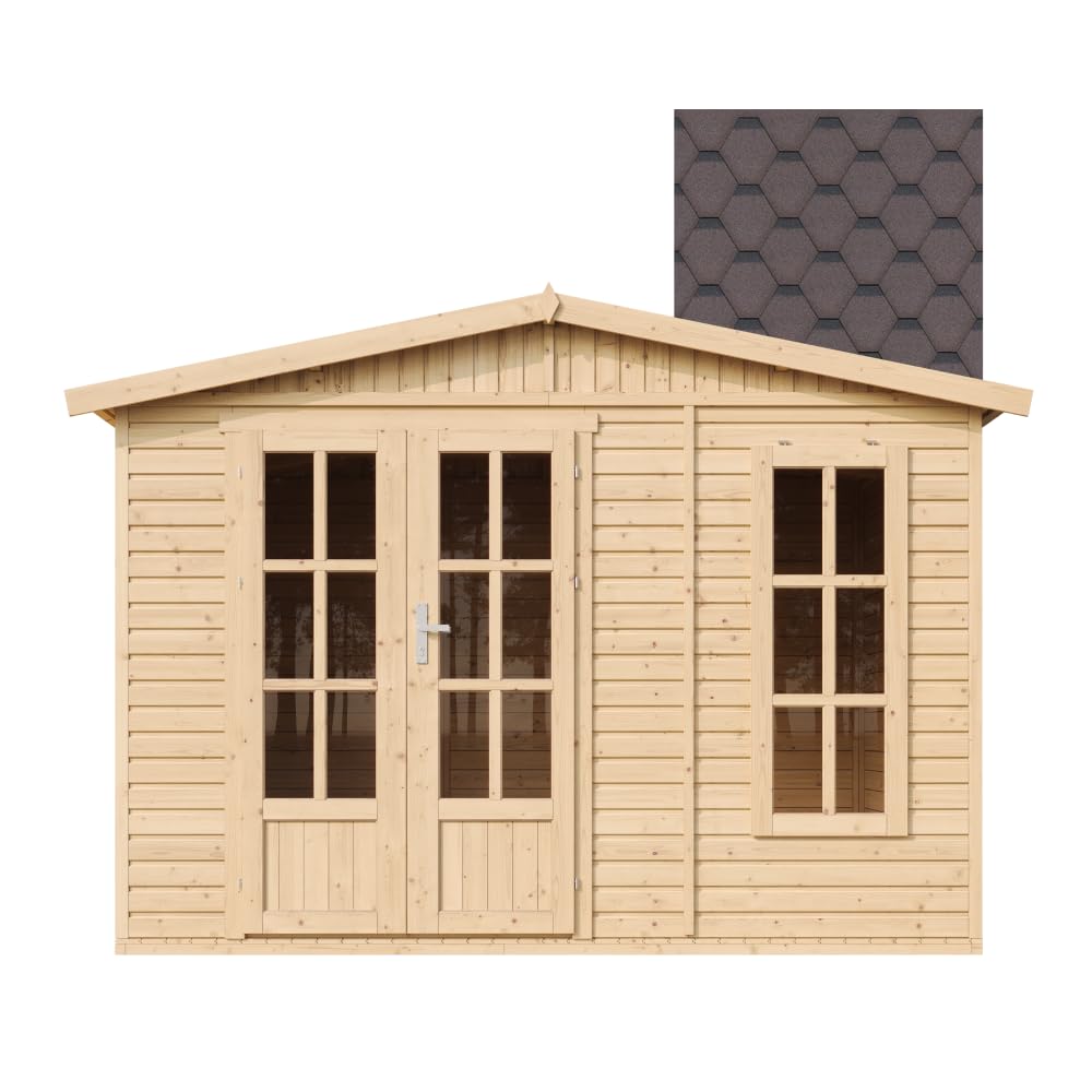 Wooden Garden Office TIMBELA M334FB+H334FBBROWN, Modern Garden Cabin to Work from Home, Large Pine and Spruce Garden Room W11ft x L7ft x H8ft, Lockable Garden House, Home Office, Workshop