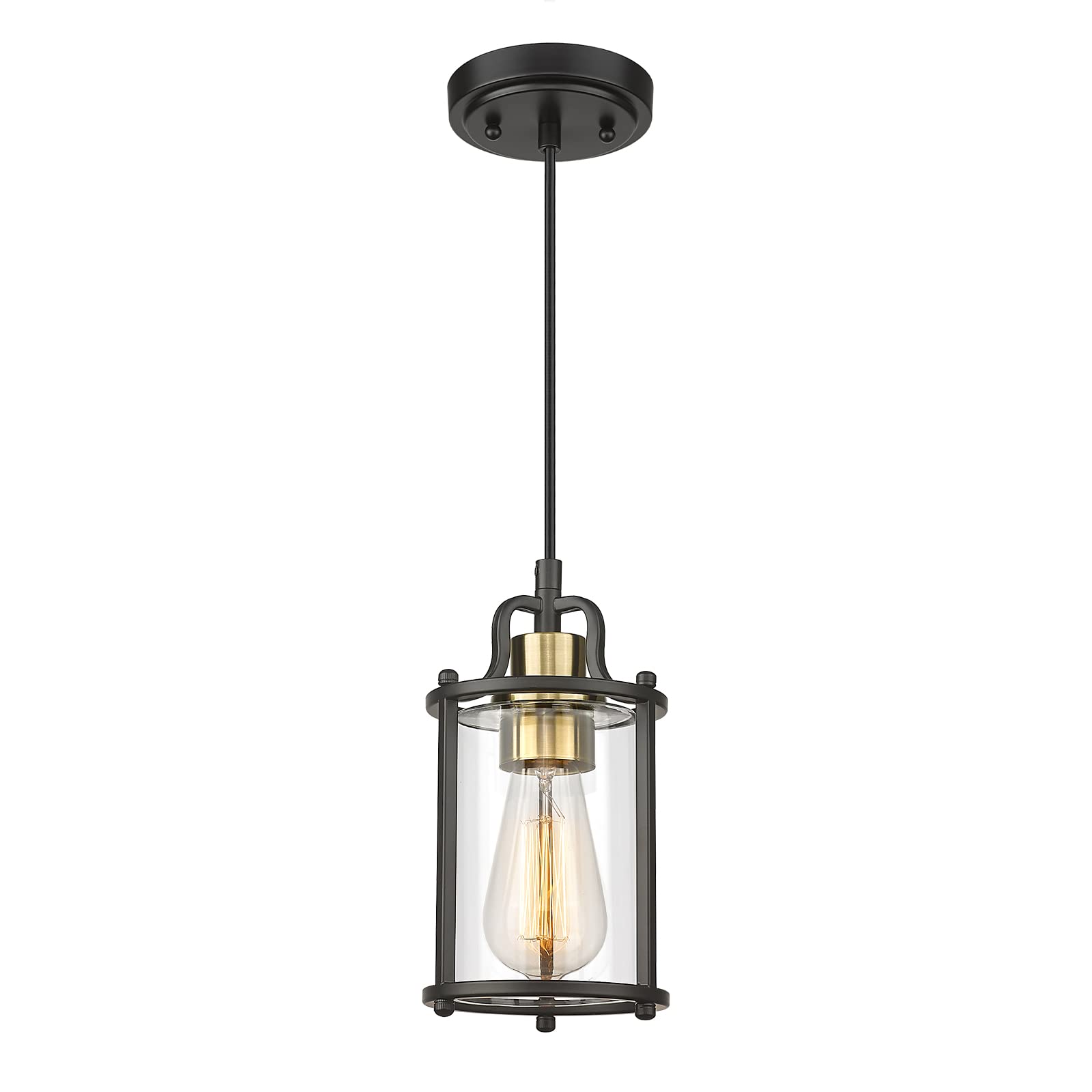 Emliviar 1-Light Mini Pendant Light Fixture, Industrial Metal Hanging Light for Kitchen Dining Room with Clear Glass Shade, Black and Gold Finish, YCE254M1L BK+BG