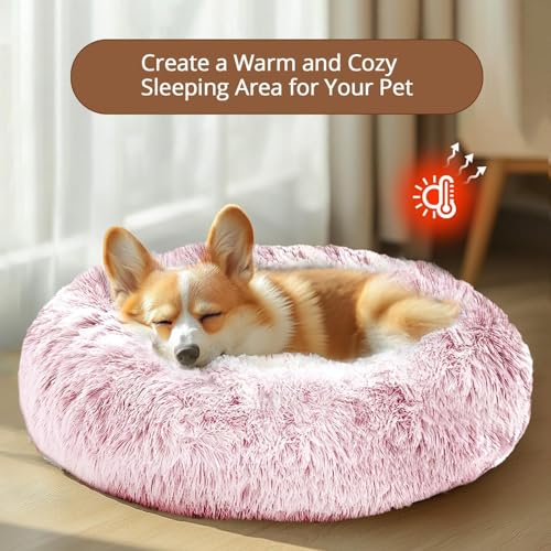 Image of JOLLYVOGUE Calming Dog Beds Large Sized Dog, 36in Donut Washable Large Pet Bed, Anti-Slip & Anti-Anxiety Fluffy Faux Fur Round Dogs Bed, Fits up to 80 lbs Pets (Smoke Pink)
