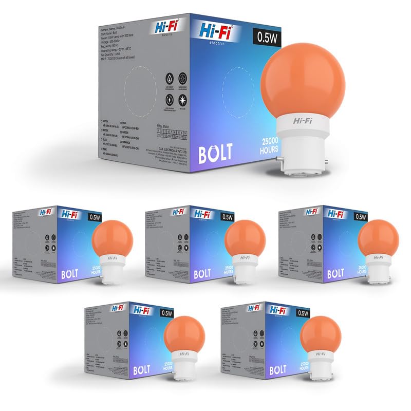 Image of Hi-Fi 0.5W LED Bulb (Orange) B22 Base | Energy Efficient Zero Watt Light | Decorative Night Lamp for Home, pooja room light & Bedroom Zero Blub (Pack of 6)