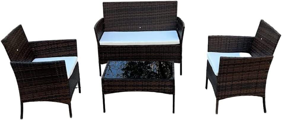 shine planet 4 Piece Rattan Garden Furniture Set Outdoor Sofa 1 Table, Double Seated Sofa and 2 Cushion Chairs Comfortable Stylish good for Garden, Backyard (Black+Beige Cushions)