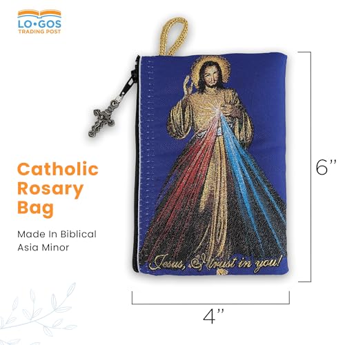Image of Catholic Rosary Pouch, 4 inch x 6 inch Jewelry & Coin Purse with Cross, Small Woven Tapestry Icon Bag, Bolsa de Rosario Catolico para Joyeria, Devine Mercy of Jesus & Jesus is God, 4 x 6 Inch