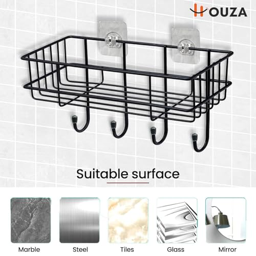 Image of HOUZA Wall-Mounted Bathroom Rack - Self Adhesive Organizer, 𝐍𝐨 𝐃𝐫𝐢𝐥𝐥𝐢𝐧𝐠 𝐍𝐞𝐞𝐝𝐞𝐝 & Space-Saving with Lightweight, Effortless Setup (Pack of 1)