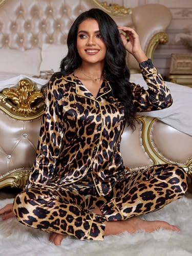 WDIRARA Women's 2 Piece Leopard Print Satin Pajama Set Long Sleeve Button Down Lounge Pants Sleepwear Sets3