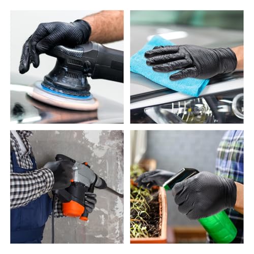 10mil Nitrile-Gloves Disposable-Black Chemical-Resistant Rubber - Mechanic Gloves Heavy Duty, Latex Free, Diamond Grip (200, Large)
