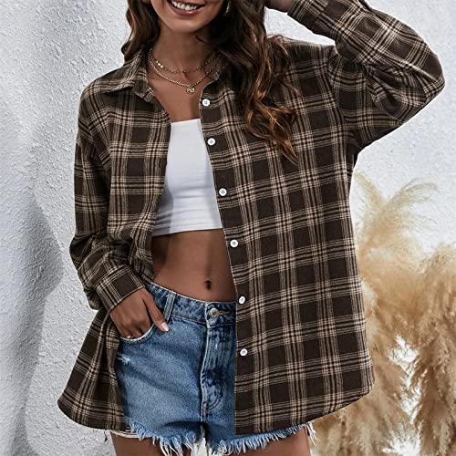Huankd Women's Casual Plaid, Rag And Bone Jacket Faux Brown Fur Vest Chemisier Femme Chic Long Pas Cher Women's Autumn Winter Mid-Length Lapel Cardigan Single-Breasted Plaid Shirt Top (M, Coffee) #TOP3
