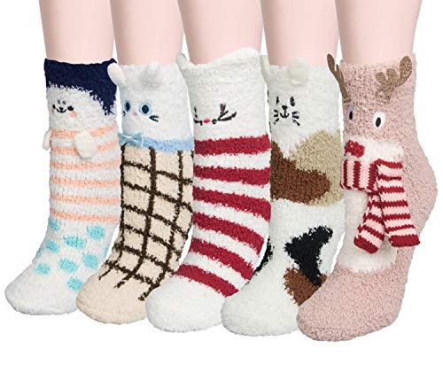 Loritta 5 Pairs Womens Fuzzy Socks Winter Warm Cozy Fluffy Super Soft Slipper Socks, 5 Pairs Animal D
