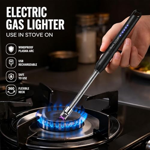 Image of TEKCOOL Gas Lighter for Kitchen Use | C-Type Rechargeable Electric Stove & Candle with USB Charging Port | 1 Year Warranty | 400 Uses in Single Charge;;