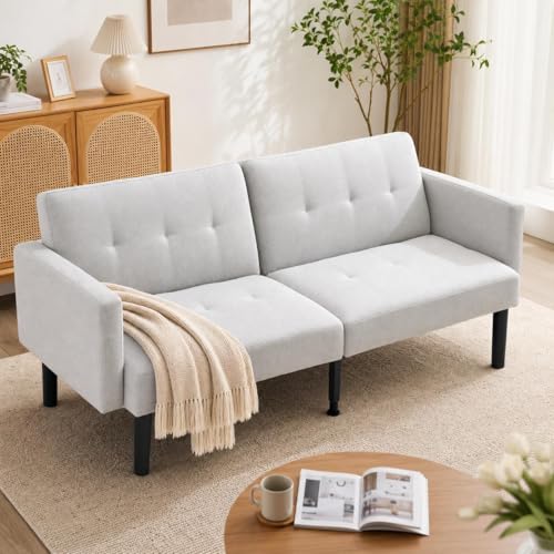 BouPower 75.5" PU Leather Upholstered Convertible Futon Sofa Bed, Loveseat Couch with Adjustable Backrest, Mid Century Modern Sleeper Sofa, Sofa Cama for Living Room, Bedroom, Dorm, Grey