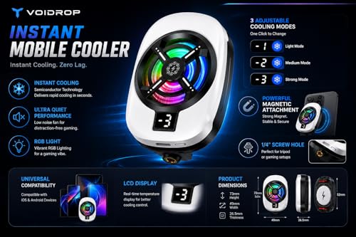 Image of VOIDROP Instant Mobile Cooler with RGB Light & LCD Display Lag Free Mobile | Semiconductor Phone Cooling Fan with 3 Cooling Modes & 1 /4 inch Screw Hole | Gaming Mobile Cooler