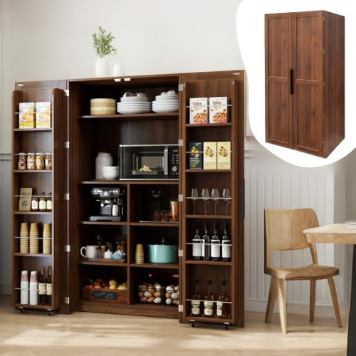 Image of 22 in Deep Kitchen Pantry Storage Cabinet with Door Shelving Walnut | 180 Doors with Bottom Rollers, Adjustable Shelves
