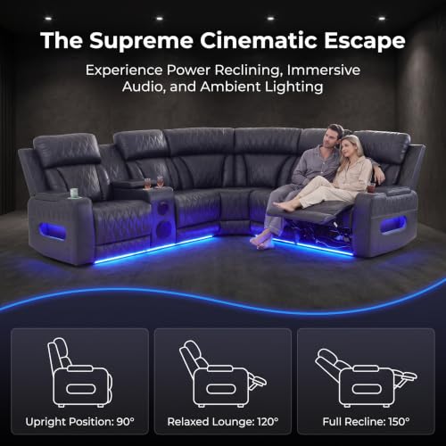 Image of Power Recliner Leather Sectional Sofa with Bass Speakers, Cup Holder Storage for Home Theater
