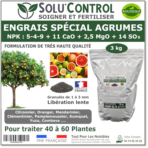 Engrais Spécial Agrumes 3 kg - SoluControl - Formulation haute qualité Organo-Minerale - Citronnier, Oranger, Mandarinier, Clémentinier, Pamplemoussier, Kumquat, Yuzu, Combava ...