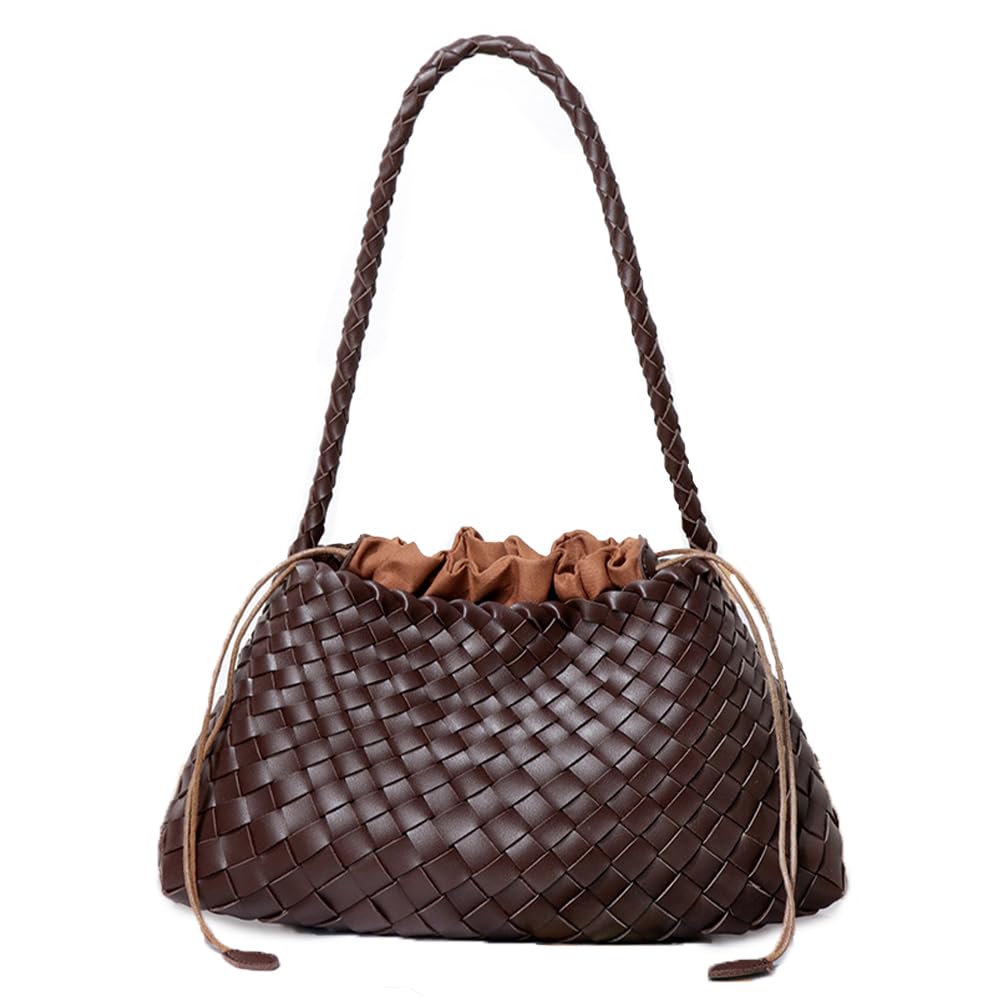 Rejolly Basket Woven Bag for Women Leather Shoulder Handbag Summer Vacation Chic Beach Tote Purse with Drawstring Pouch