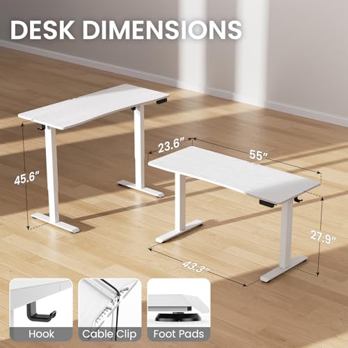 Image of Veken 55 x 23.6 Inch Electric Standing Desk with Adjustable Height, Sit to Stand Computer Table for Study, Work or Gaming, Home Office Desk White