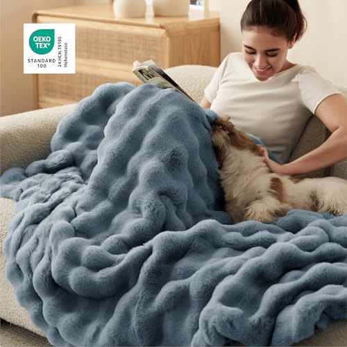Image of Bedsure GentleSoft Fluffy Fuzzy Greyish Blue Throw Blanket, Soft Cozy Fleece Faux Fur Blanket for Couch, Blue Room Decor Coloring Bed Cover, Thick Warm Plush Birthday Gifts for Women Men Over 60