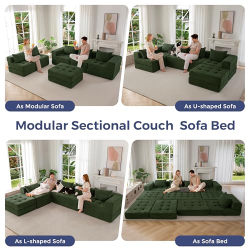 Image of MAXYOYO Modular Sectional Sofa Couch, Foldable U Shaped Cloud Couch with Pillows, Tufted 6-Seat Boneless Sofa Lounger for Living Room, No Assembly Required, Dark Green