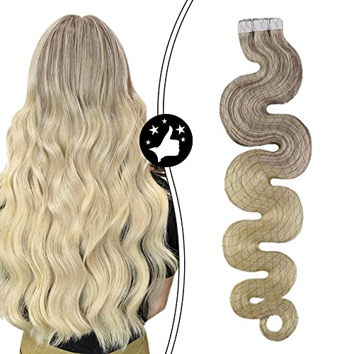 Moresoo Wavy Tape in Hair Extensions Blonde Tape in Hair Extensions 100% Remy Human Hair 16 Inch Body Wavy Hair Extension Color #18/22/60 Tape in Real Hair Extensions 20 Pcs 50g