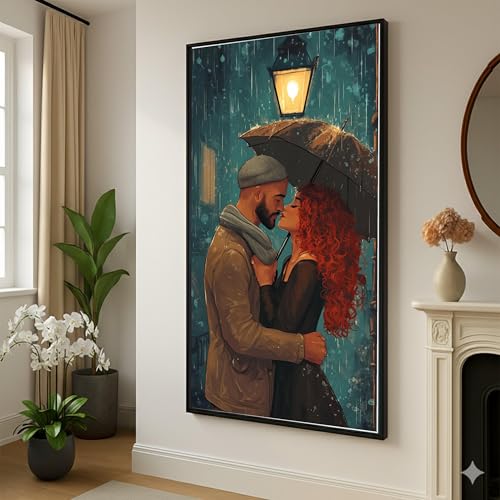 Tableau d'amour avec parapluie couple romantique art mural poétique