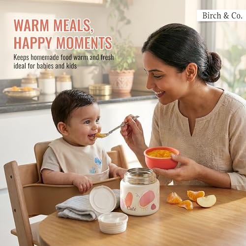 Image of Birch & Co. Baby Feeding Bowl and Spoon Set, Stainless Steel Food Bowls - 320ml, 304 Stainless Steel Baby Food Container with Double Wall Vacuum Insulation, BPA-Free Leak-Proof for School & Travel,Peach