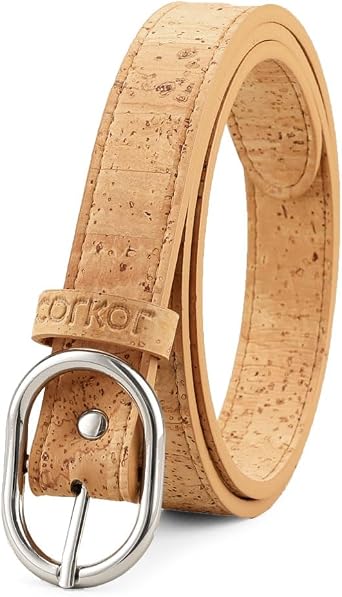 Corkor Women Cork Belt Vegan Leather Dress for Jeans Thin Belt Cruelty Free-Eco Friendly Brown Black - 0,98" Wide