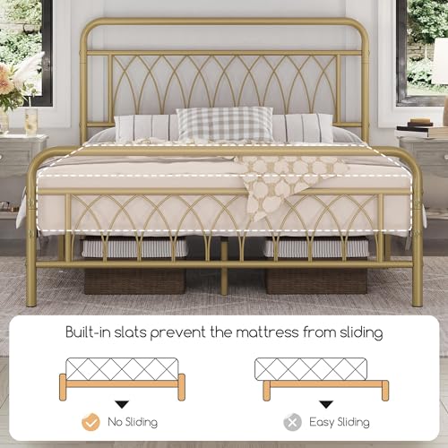 Yaheetech YT-00116983 Queen Bed Frame Metal Platform Bed With Petal Accented Headboard/Footboard/14.4 Inch Under Bed Storage/No Box Spring Needed,Antique Gold thumb #7
