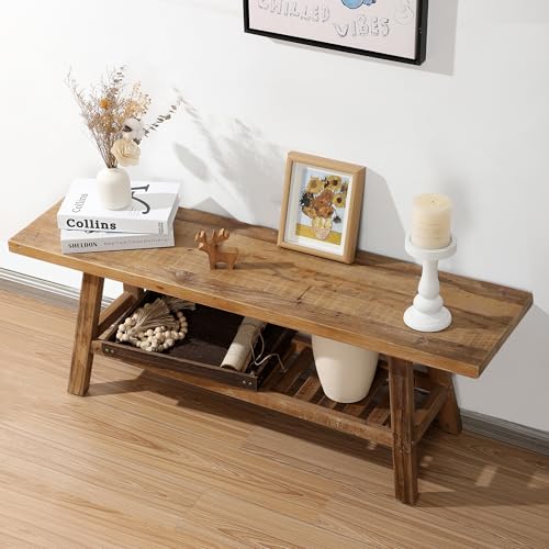 HOKYHOKY Solid Wood Bench-43.3\" Farmhouse Entryway Bench with Storage Shelf, Narrow Rustic Bench for Hallway, Kitchen, Bedroom, Dining
