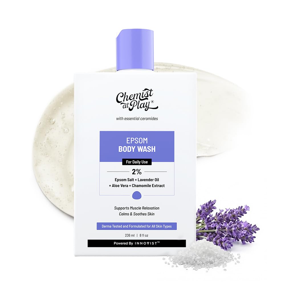 Chemist At Play Epsom Salt Body Wash | Relaxes Muscle Stiffness | Eases Post Workout Soreness | Reduces Stress | 2% Epsom Salt, Lavender Oil & Aloe Vera Extract | pH Balanced | For Men & Women | 236ml
