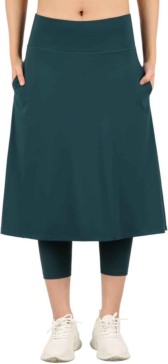 Womens Athletic Skirted Leggings with Pockets High Waisted Knee Length Skirts with Capris Leggings for Tennis - Image 2