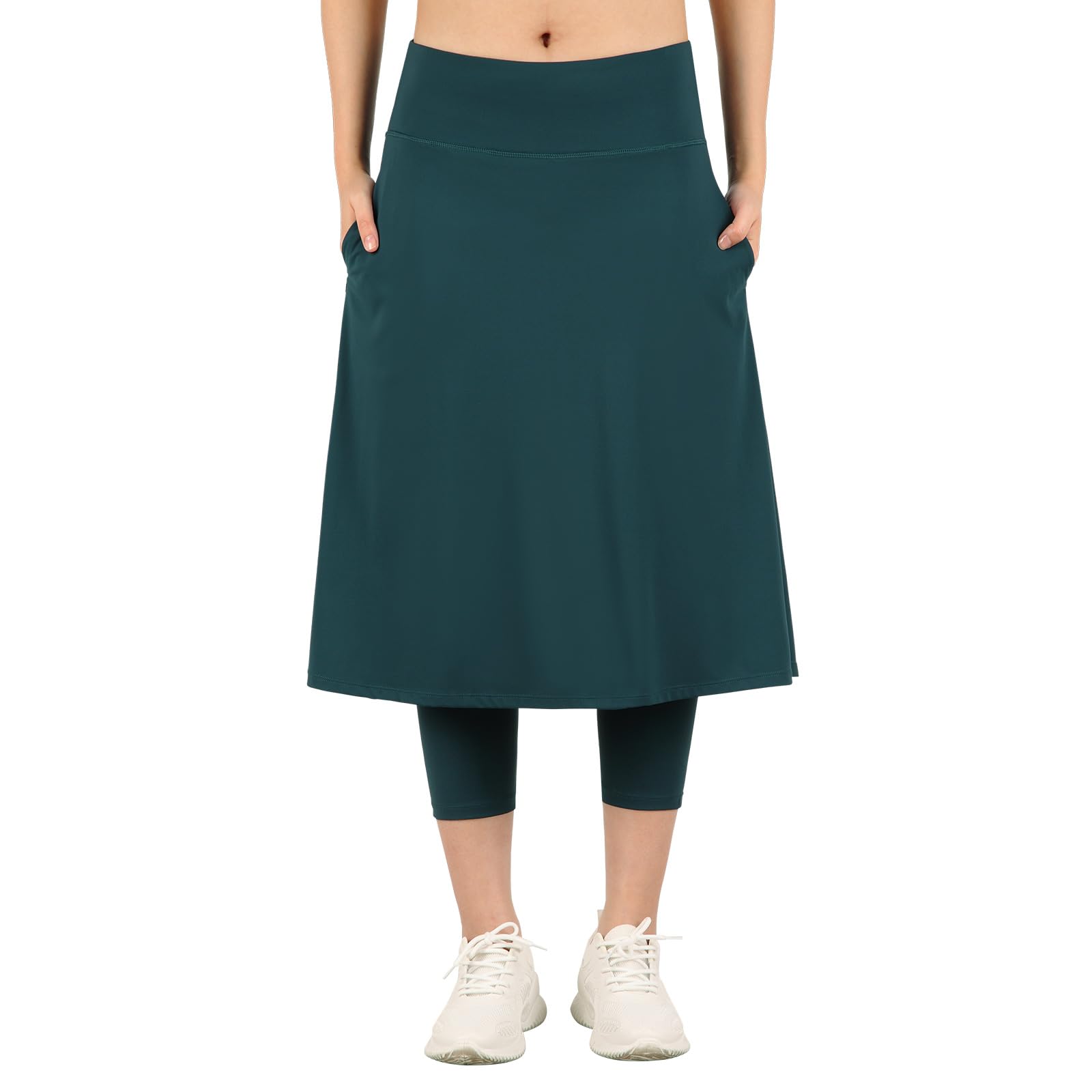 Womens Athletic Skirted Leggings with Pockets High Waisted Knee Length Skirts with Capris Leggings for Tennis