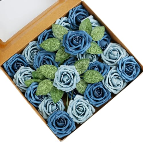 Higfra Artificial Flowers 50 Stems Realistic Roses - Lifelike Fake Flowers for Wedding Bouquets, Baby Shower Decor, Home Centerpieces, DIY Floral Arrangements (Dusty Blue Shades, 50Pcs)