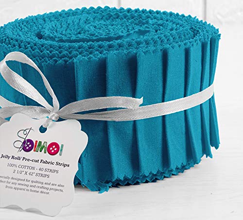 Jelly Roll Tissu 100% Coton - 40 Bandes Prédécoupées 6,3x111,8cm - 10 Couleurs Unies Bleu Assorties Pour Patchwork Et Couture