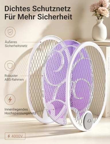WOCVRYY Elektrische Fliegenklatsche 4000V, 1800mAh Akku, USB-C Wiederaufladbar, 3-in-1 Insektenvernichter gegen Fliegen, Mücken und Wespen, LED Licht für Innen und Außen