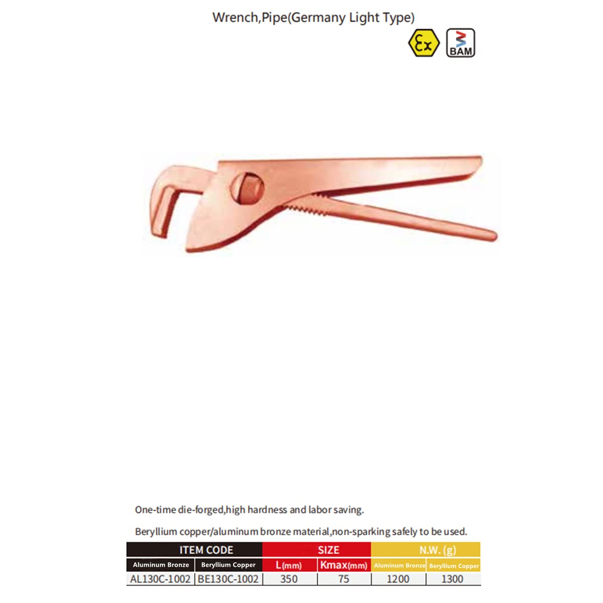 WEDO Non-Sparking Pipe Wrench Germany Light Type, Spark-Free Straight Plumbing Wrench, No Spark Safety Adjustable Wrench,Beryllium Copper, DIN Standard, BAM & FM Certificate, 14'', 350mm*75mm