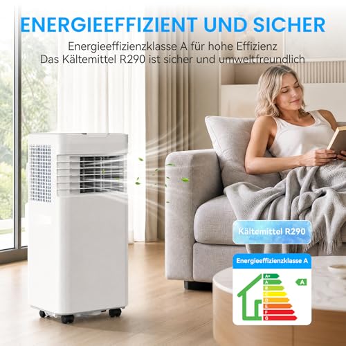 9000 BTU Mobiles Klimagerät, 3- in- 1 Klimaanlage mit Fensterabdichtungsset, Kühlen und Entfeuchten und Ventilieren, Umweltfreundliches R290, Selbstverdunstung, Schlafmodus & 24h- Timer für-7
