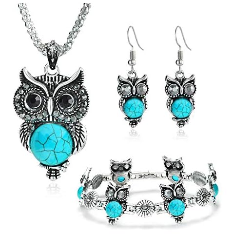 Miraculous Garden Womens Vintage Owl Jewelry Sets Silver Retro Turquoise Gemstone Owl Pendant Necklace Drop Earrings Charm Bracelet Set Cover