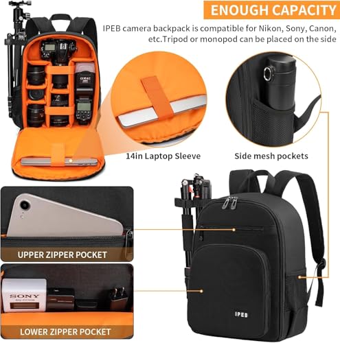 Mochila para cámara DSLR con cubierta impermeable, negro naranja miniatura 6