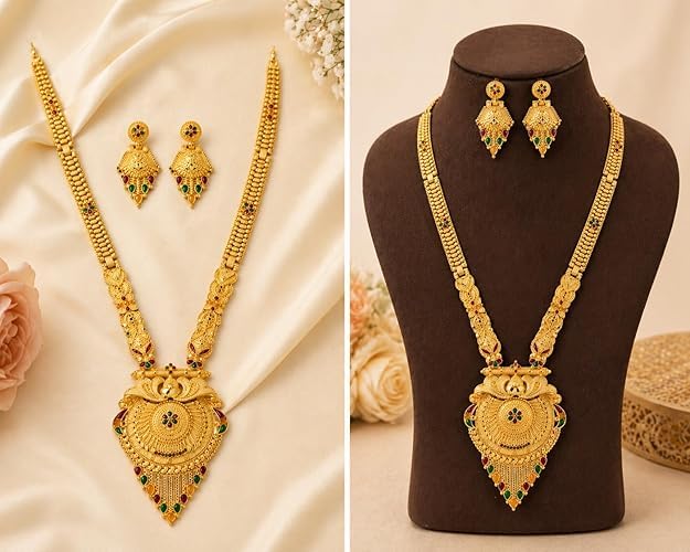 Image of Golden Long Necklace Set for Women | Brass Gold Plated Minimal Har | Adjustable Traditional Jewellery | Meenakari Marriage Wedding Necklace Set