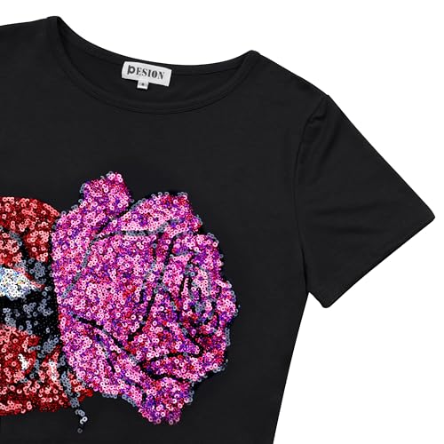 Image of PESION Womens Short Sleeve T-Shirt Sequined Tops O-Neck Funny Graphic Tees Blouse