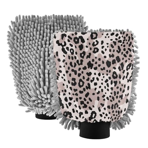 Flradish 2 Pack Leopard Print Car Wash Mitt Chenille Microfiber Lint-Free Scratch Free Ultra-Soft Absorbent Car Wash Mitt 10.2x7.09 Inch
