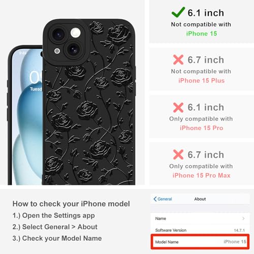 Image of Designed for iPhone 15 Case, Cute Rose Flower Floral Pattern Design, Slim Soft TPU Liquid Silicone Protective Cover for Women Girls - Black