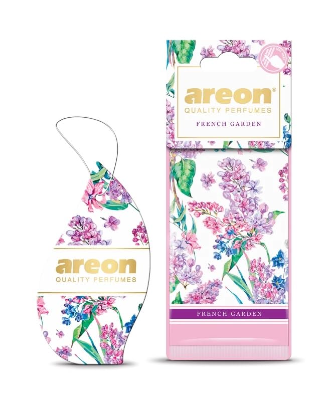 AREON Garden - Hanging Cardboard Air Freshener for Car - CAR Perfume Air Freshener with Natural Fragrances - Long Lasting, Fresh Flowers- Stylish Design - French Garden, Pack of 3