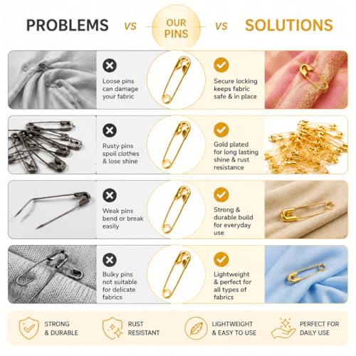 Image of Small Gold and Silver Plated Safety Pins for Saree Nappy Lock pin for Blanket Sweater Perfect for Clothes Craft Sewing Pinning Hijab pin for Women and Girls (Mix, 48)